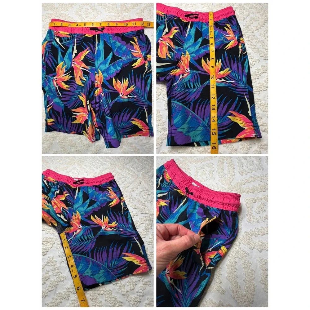Blue Crown Tropical Bird of Paradise Swim Trunks Pink Black M Kids Beach Surf - Picture 3 of 14